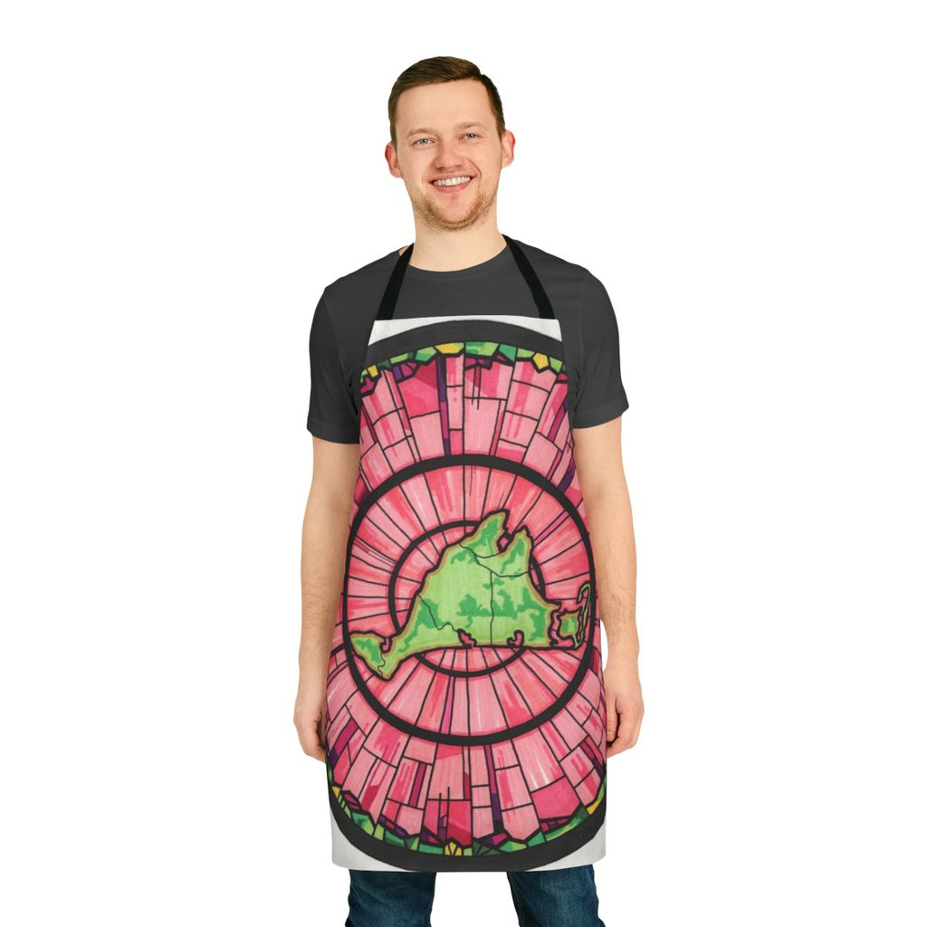 "Stylish pink and green apron featuring a vibrant circle pattern, perfect for the Martha's Vineyard inspired kitchen"