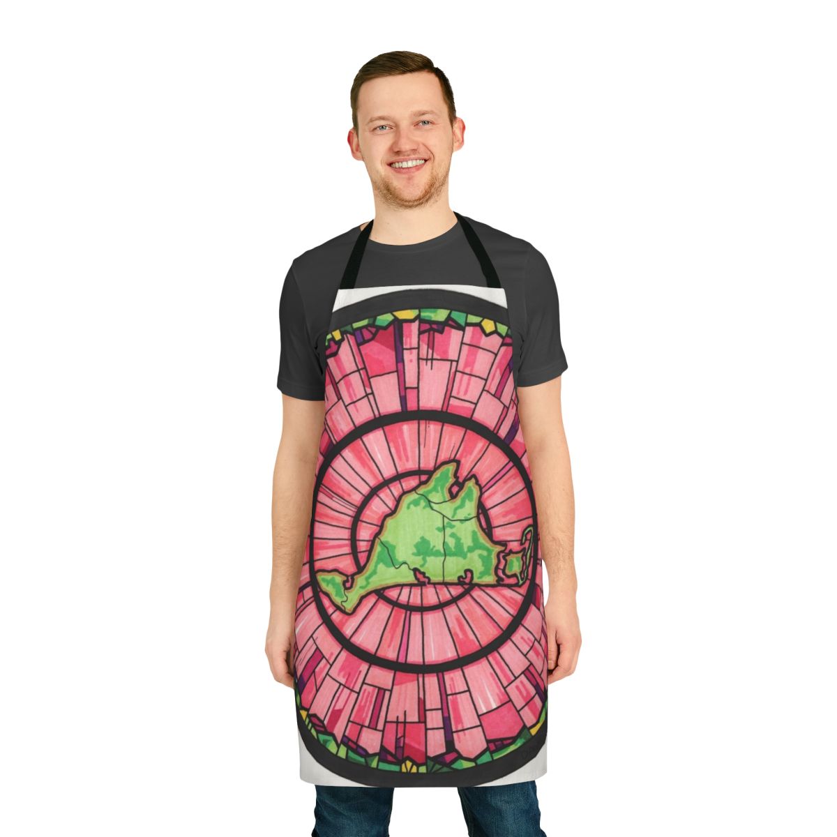 "Stylish pink and green apron featuring a vibrant circle pattern, perfect for the Martha's Vineyard inspired kitchen"