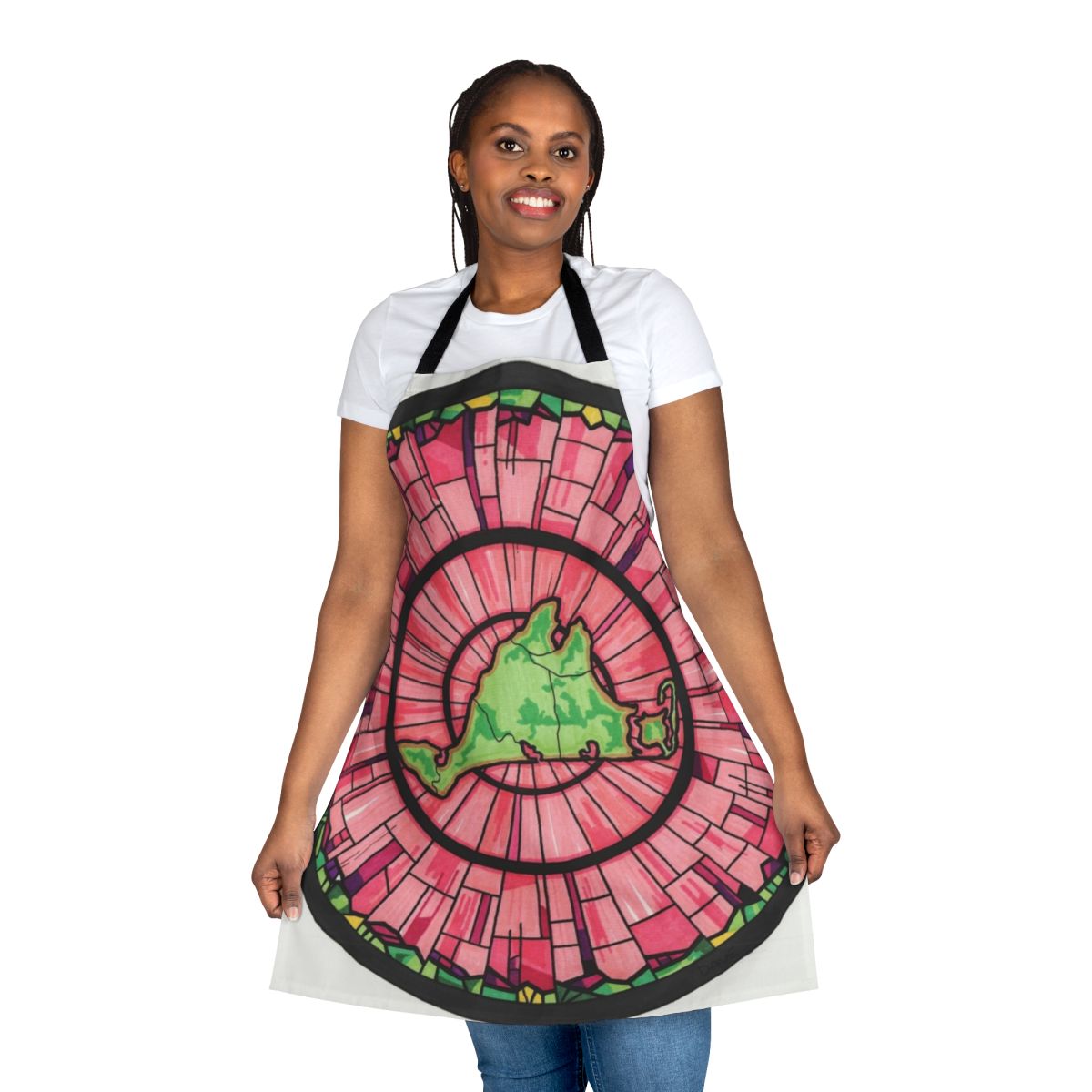 "Stylish pink and green apron featuring a vibrant circle pattern, perfect for the Martha's Vineyard inspired kitchen"