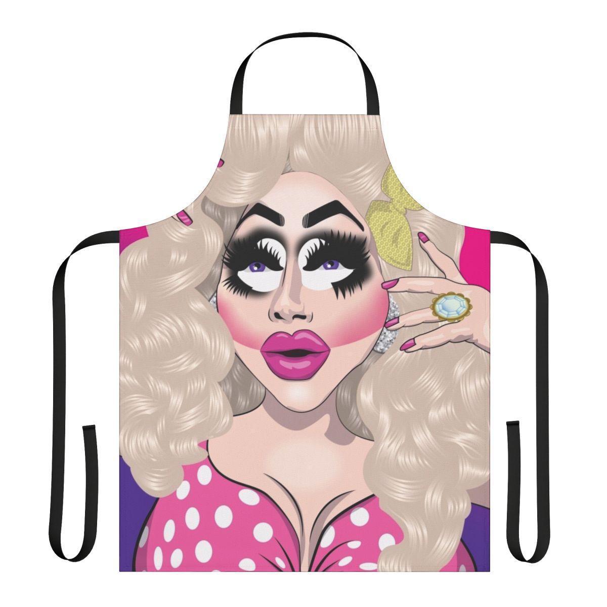 Trixie Mattel-inspired pink apron with bold, colorful graphics