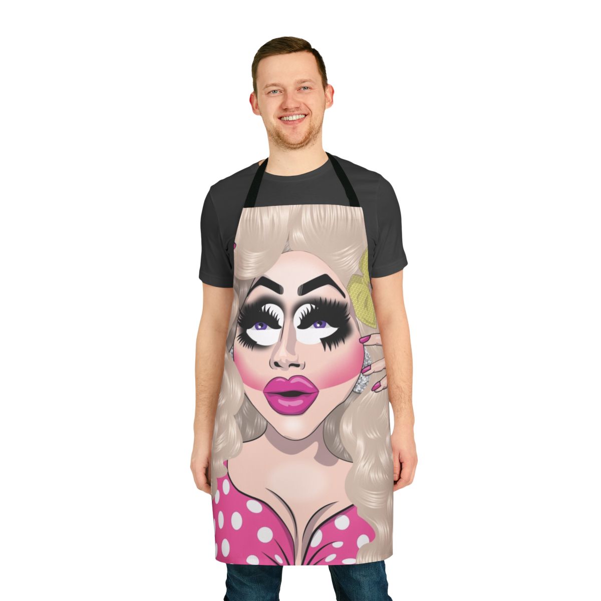 Trixie Mattel-inspired pink apron with bold, colorful graphics
