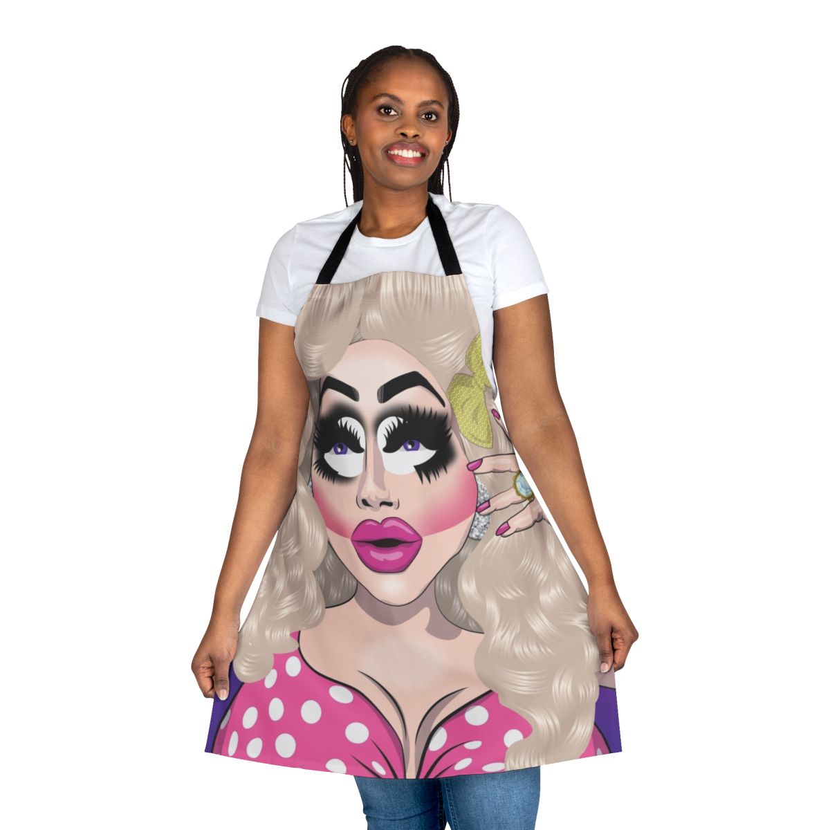 Trixie Mattel-inspired pink apron with bold, colorful graphics