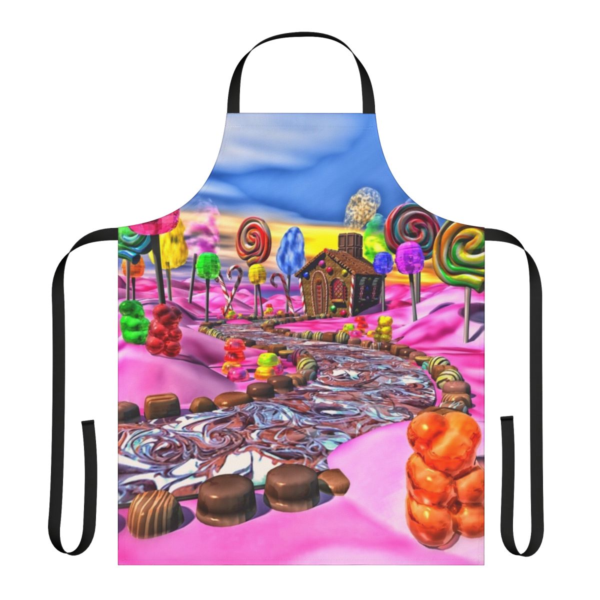 Colorful pink apron with candyland-inspired design featuring candy, gingerbread, and sweet treats