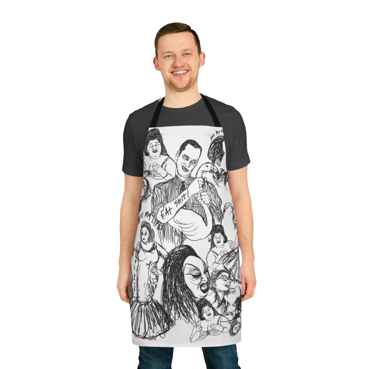 Colorful pink flamingo apron with a fun, retro design