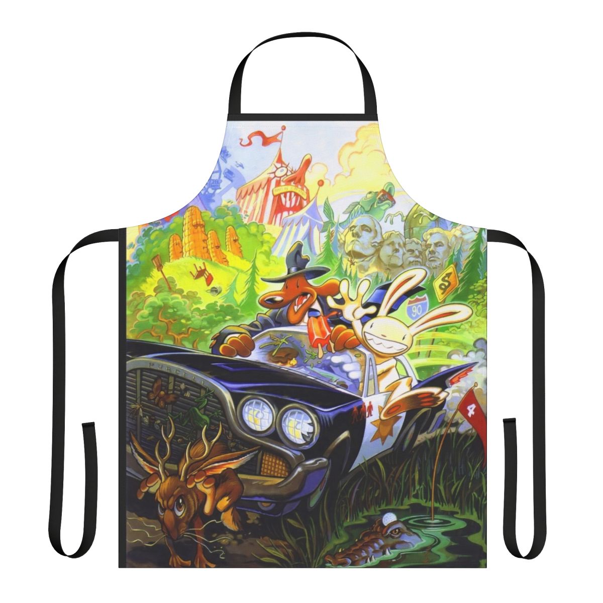High contrast pixel art design on a black apron