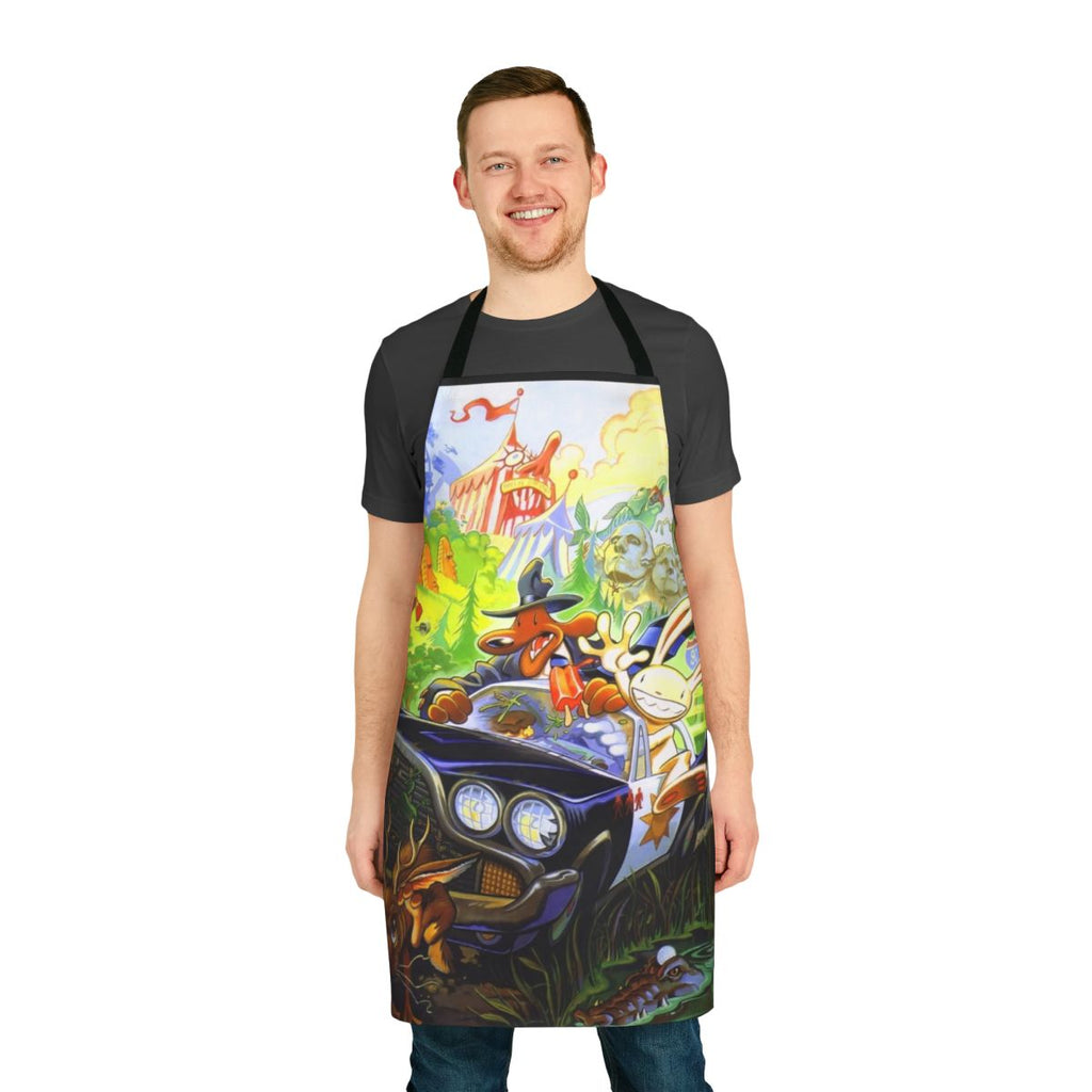 High contrast pixel art design on a black apron