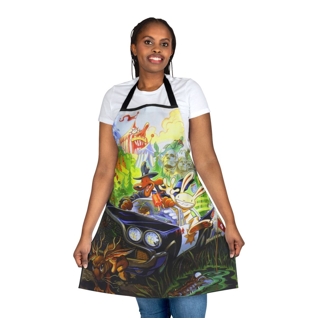 High contrast pixel art design on a black apron