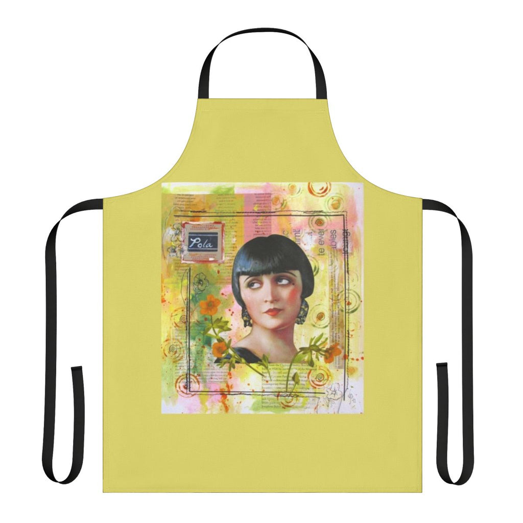 A colorful collage of vintage actress Pola Negri on a high-quality apron