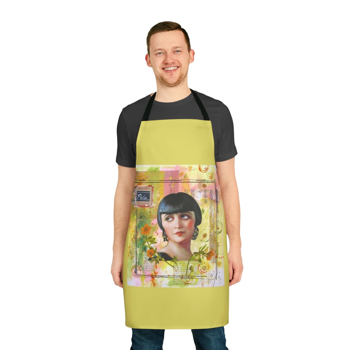 A colorful collage of vintage actress Pola Negri on a high-quality apron