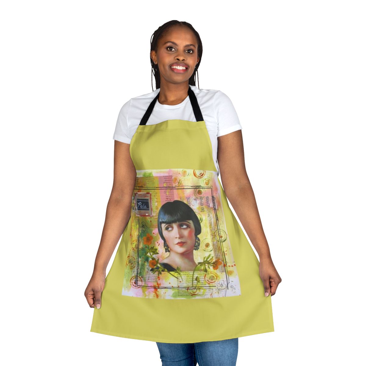 A colorful collage of vintage actress Pola Negri on a high-quality apron