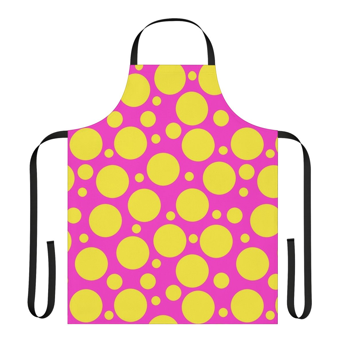 Bright and colorful polka dot apron with a fun and cheerful design