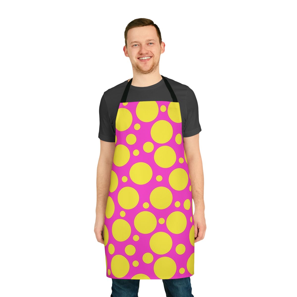 Bright and colorful polka dot apron with a fun and cheerful design