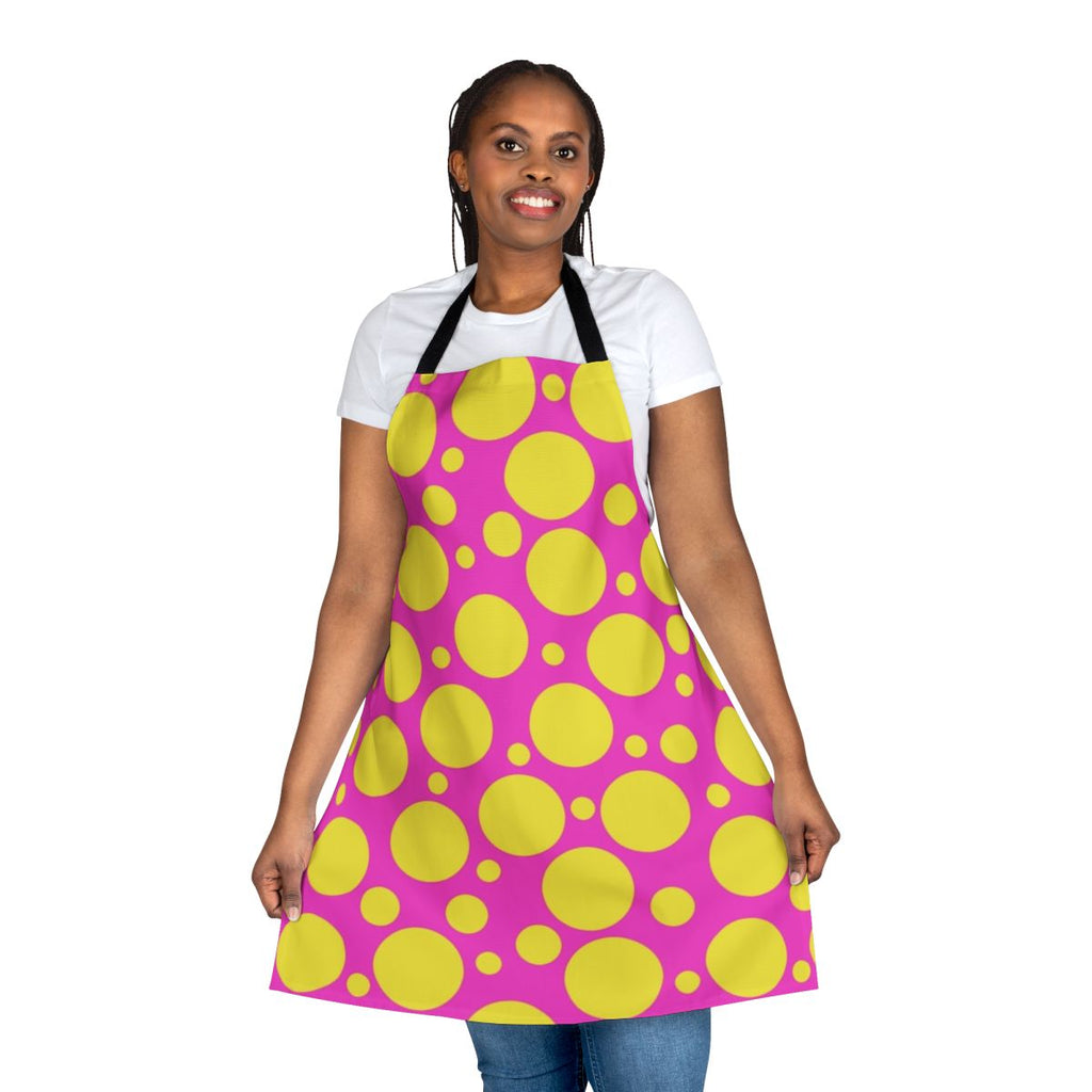 Bright and colorful polka dot apron with a fun and cheerful design