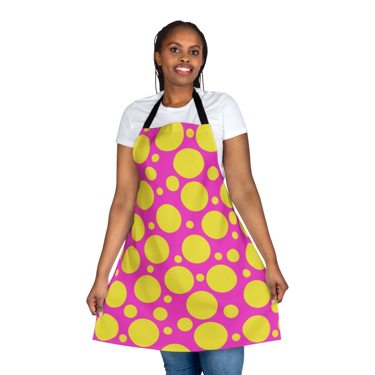 Bright and colorful polka dot apron with a fun and cheerful design