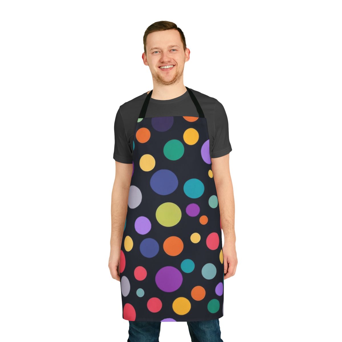 Colorful polka dot pattern on a dark background apron