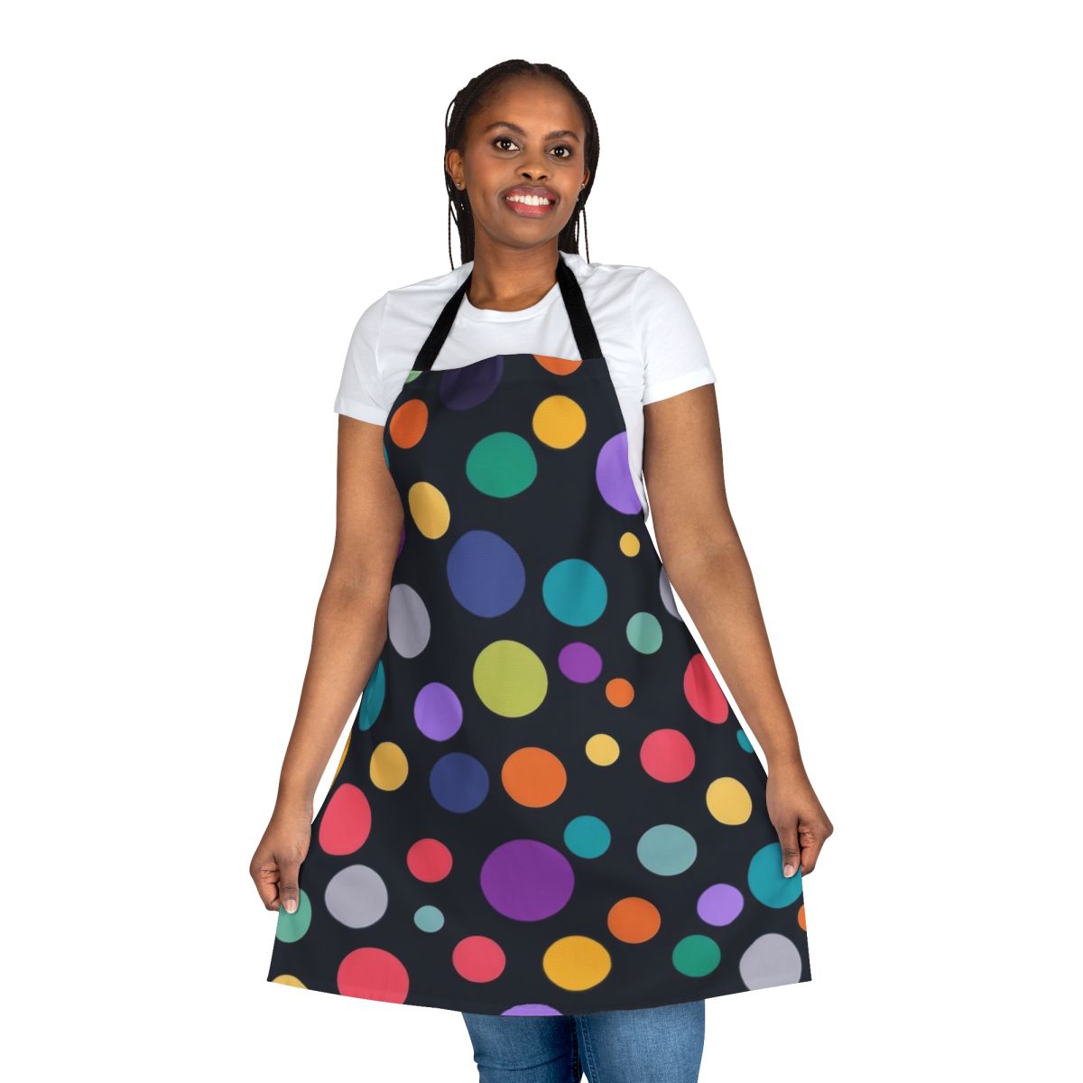 Colorful polka dot pattern on a dark background apron