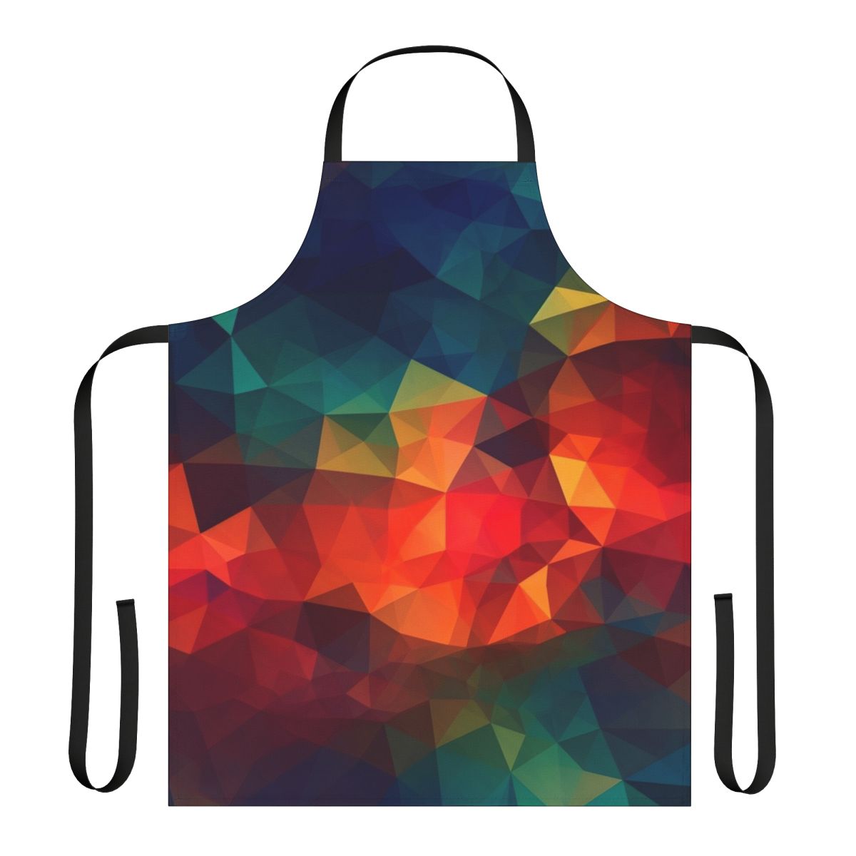 Colorful and intricate apron featuring abstract mosaic-like patterns, vibrant polygon art, and psychedelic triangle designs.