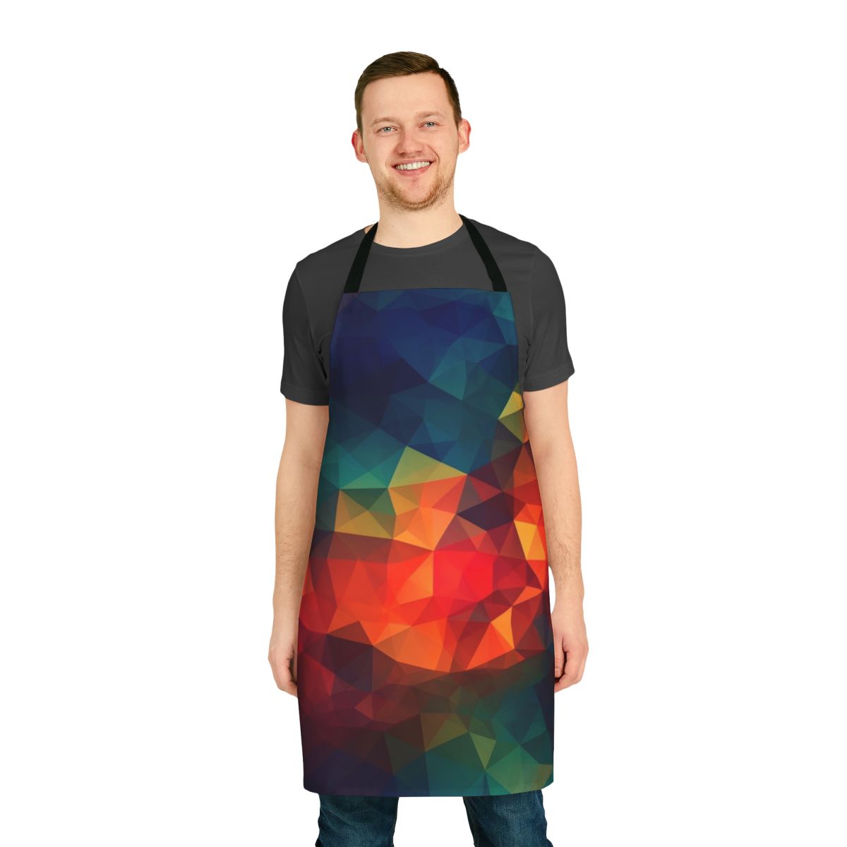 Colorful and intricate apron featuring abstract mosaic-like patterns, vibrant polygon art, and psychedelic triangle designs.