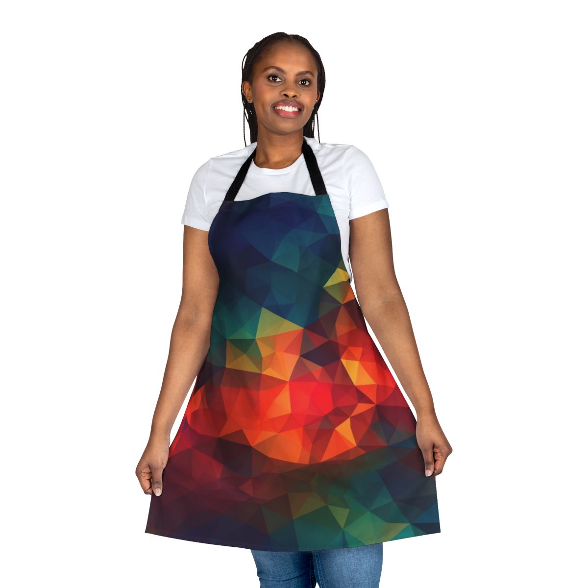 Colorful and intricate apron featuring abstract mosaic-like patterns, vibrant polygon art, and psychedelic triangle designs.