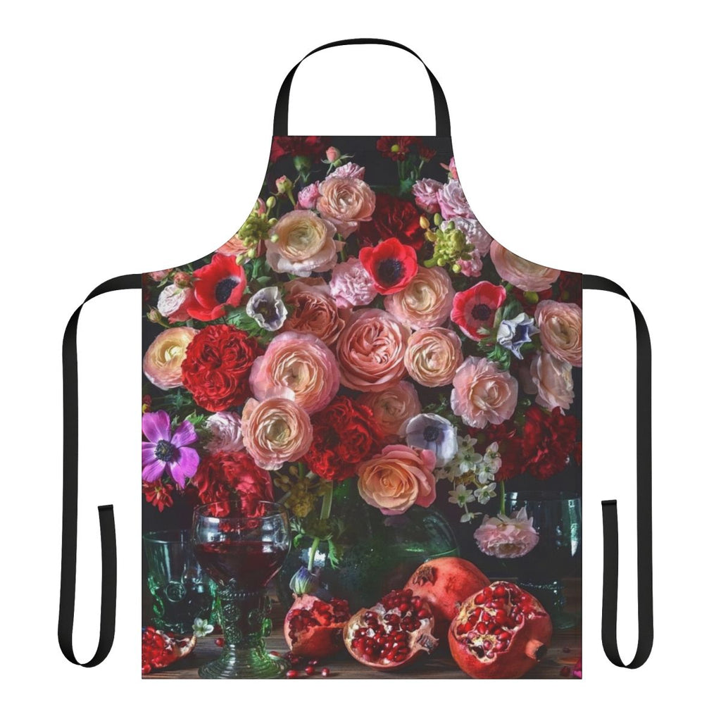 Colorful apron featuring a botanical design with pomegranates, flowers, and leaves.