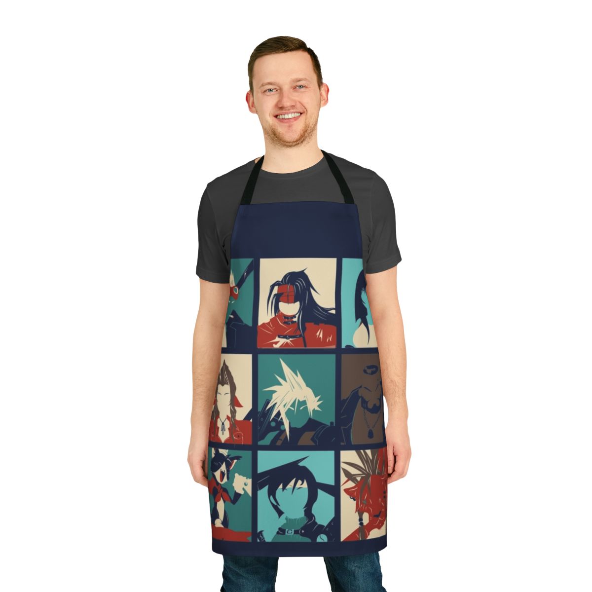 Colorful pop art style apron inspired by the characters and themes of the iconic video game Final Fantasy 7
