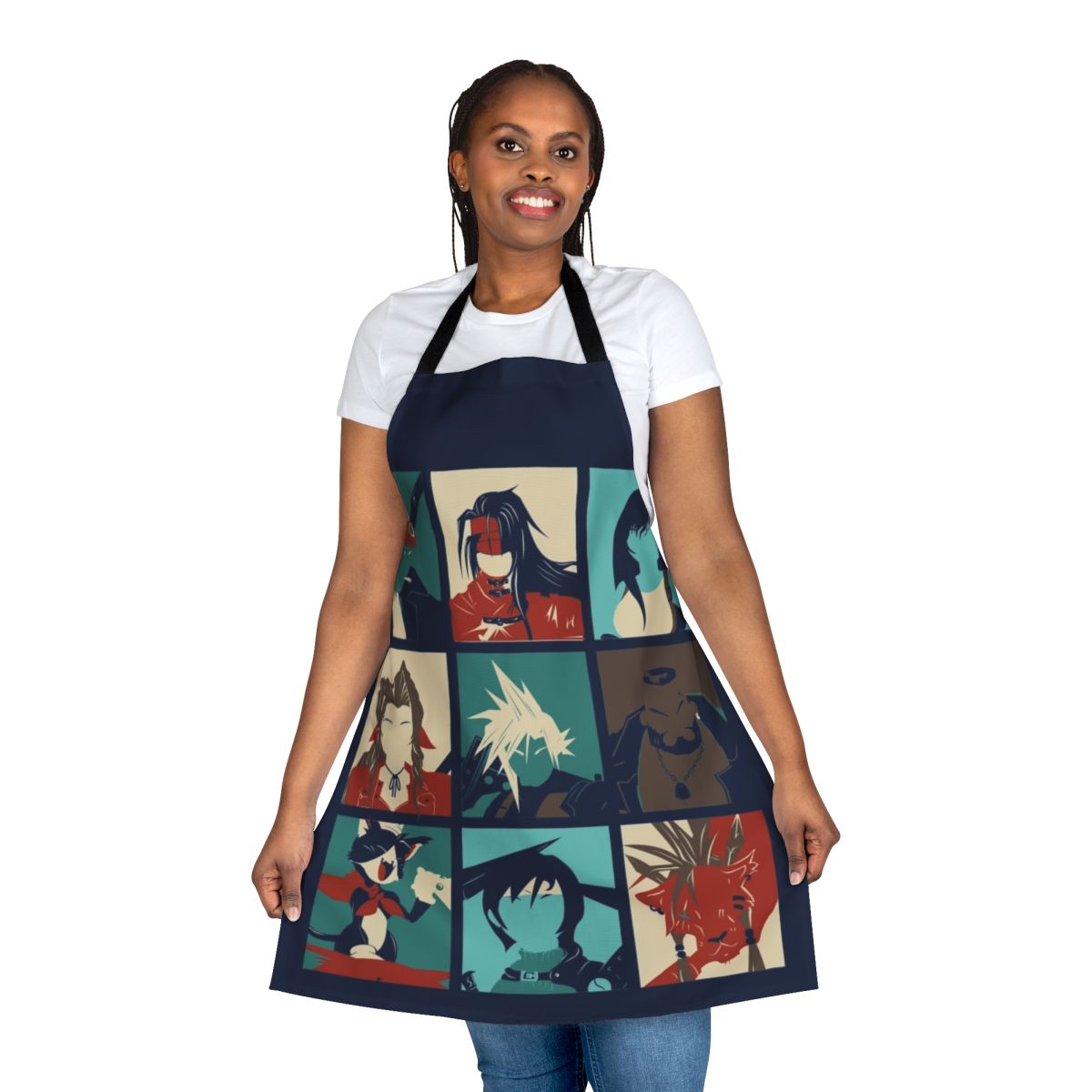 Colorful pop art style apron inspired by the characters and themes of the iconic video game Final Fantasy 7