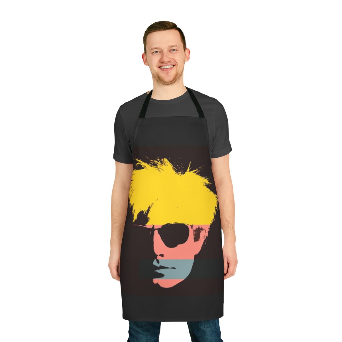 Colorful pop art apron featuring a stencil-inspired design reminiscent of Andy Warhol's iconic work