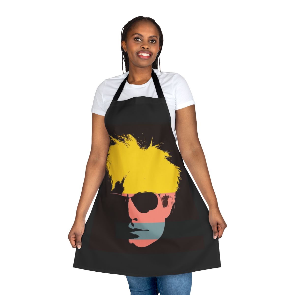Colorful pop art apron featuring a stencil-inspired design reminiscent of Andy Warhol's iconic work