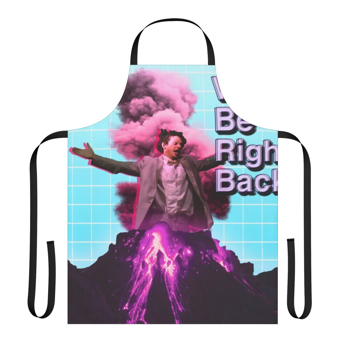 Bright, colorful apron featuring a retro, vaporwave-inspired design with references to The Eric Andre Show
