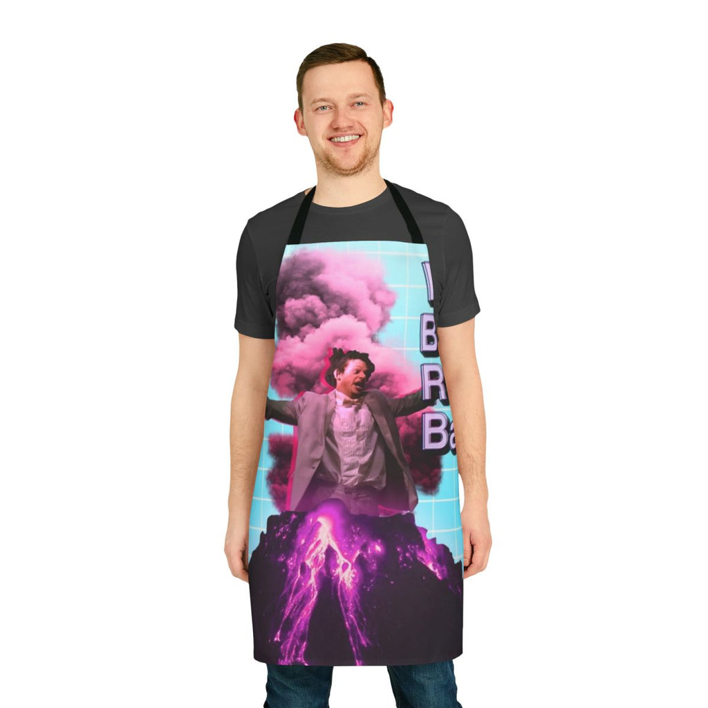Bright, colorful apron featuring a retro, vaporwave-inspired design with references to The Eric Andre Show
