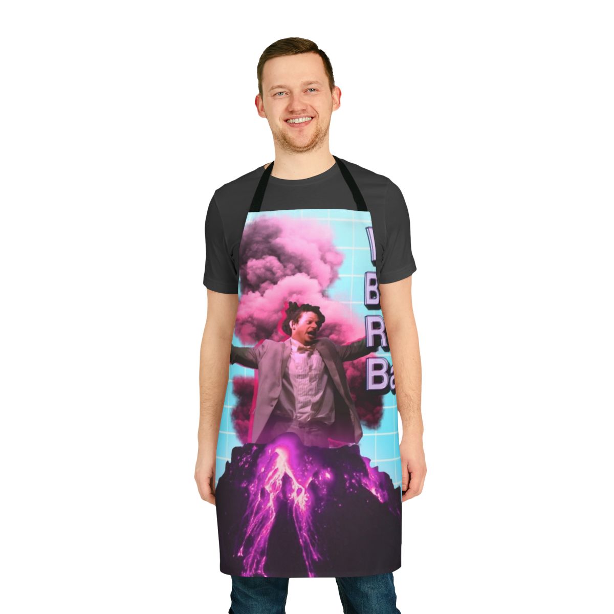 Bright, colorful apron featuring a retro, vaporwave-inspired design with references to The Eric Andre Show