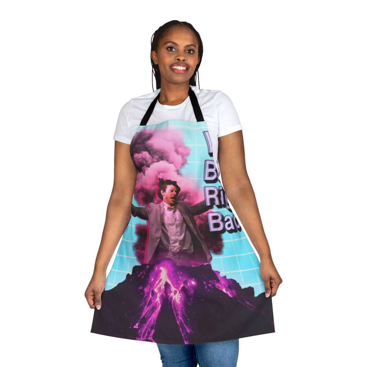 Bright, colorful apron featuring a retro, vaporwave-inspired design with references to The Eric Andre Show