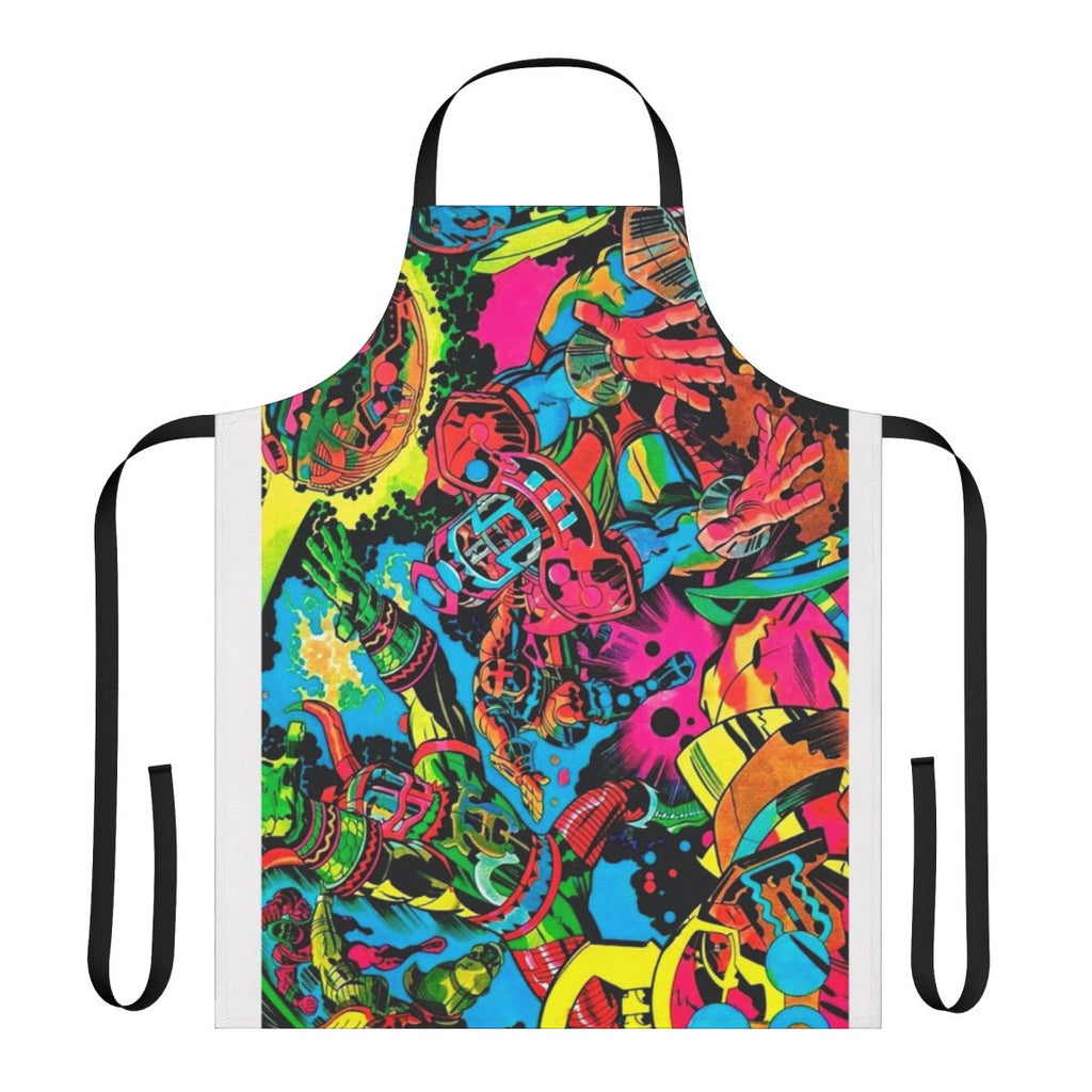Colorful Kirby-esque pop art apron with retro cartoon and comic book-style graphics