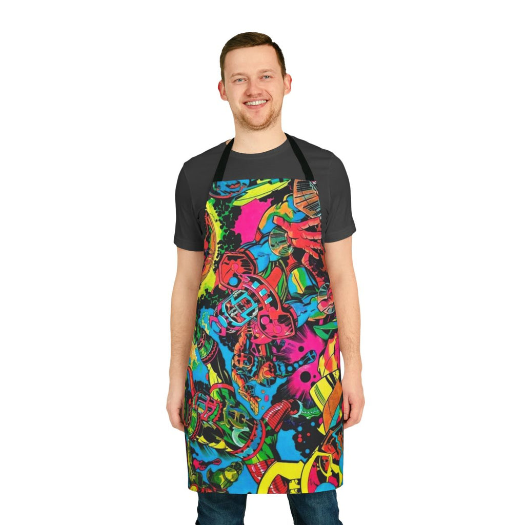 Colorful Kirby-esque pop art apron with retro cartoon and comic book-style graphics