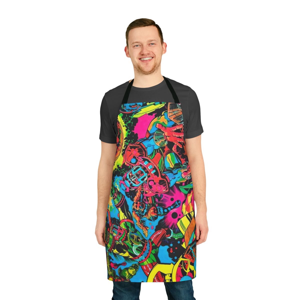 Colorful Kirby-esque pop art apron with retro cartoon and comic book-style graphics