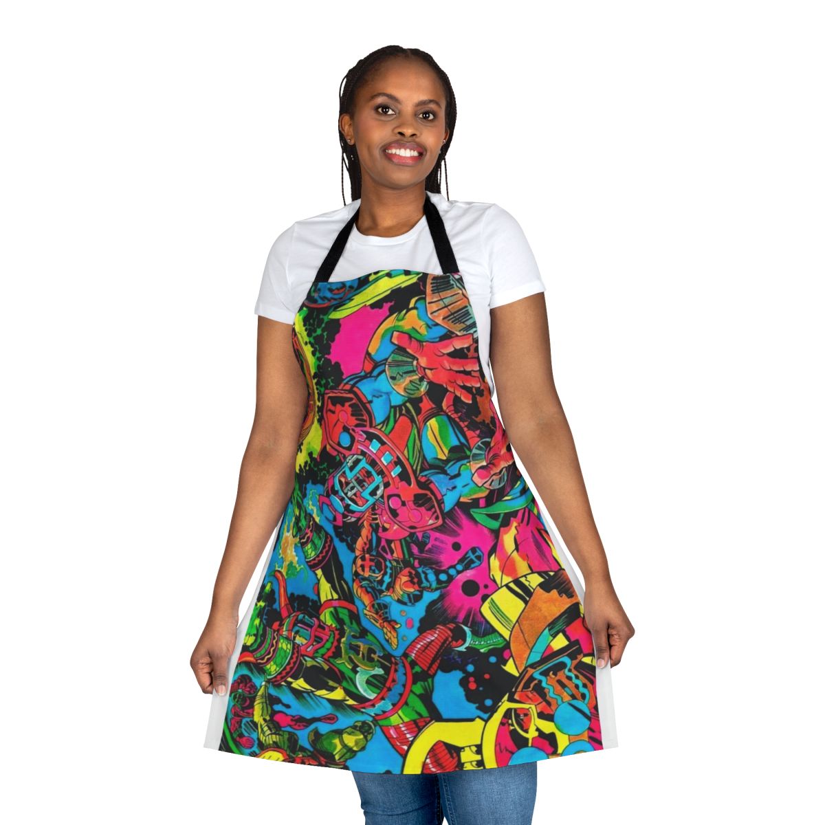 Colorful Kirby-esque pop art apron with retro cartoon and comic book-style graphics