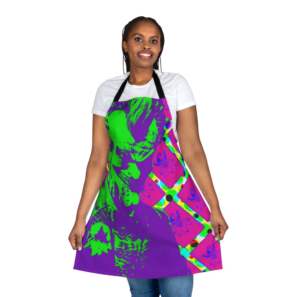 Psychedelic and vibrant pop art inspired apron featuring the clown prince of crime
