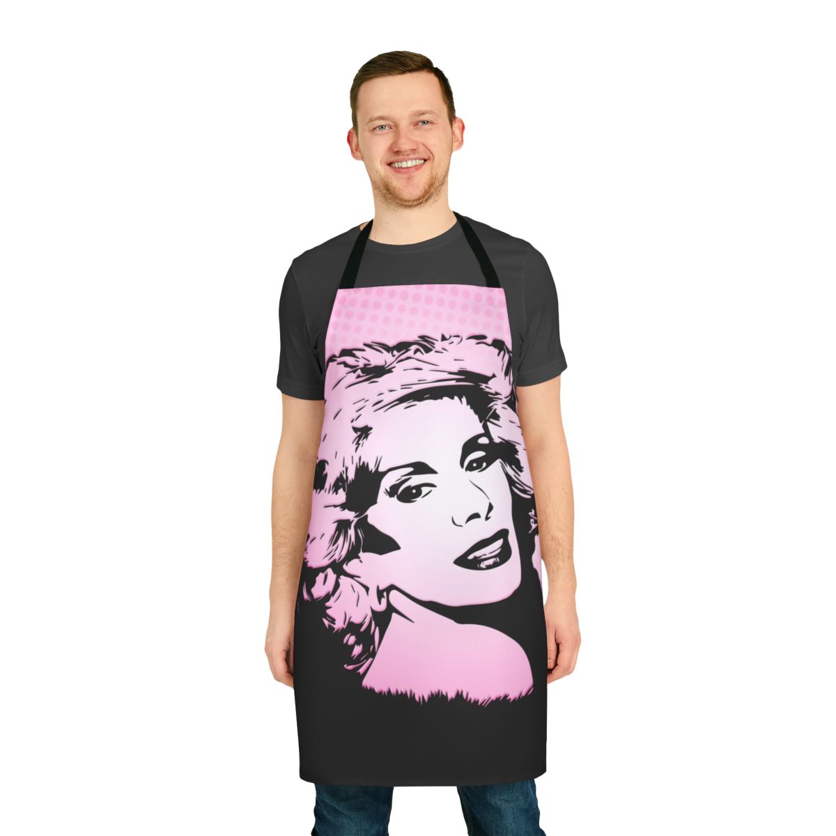 Colorful pop art-style apron featuring the likeness of renowned comedian Joan Rivers
