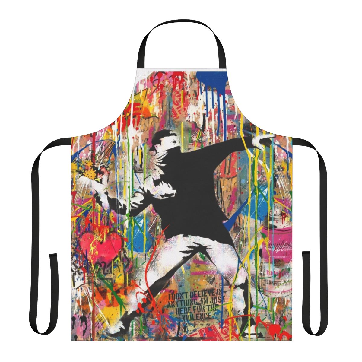 Colorful apron featuring a Banksy-inspired pop art design of a figure throwing flowers.