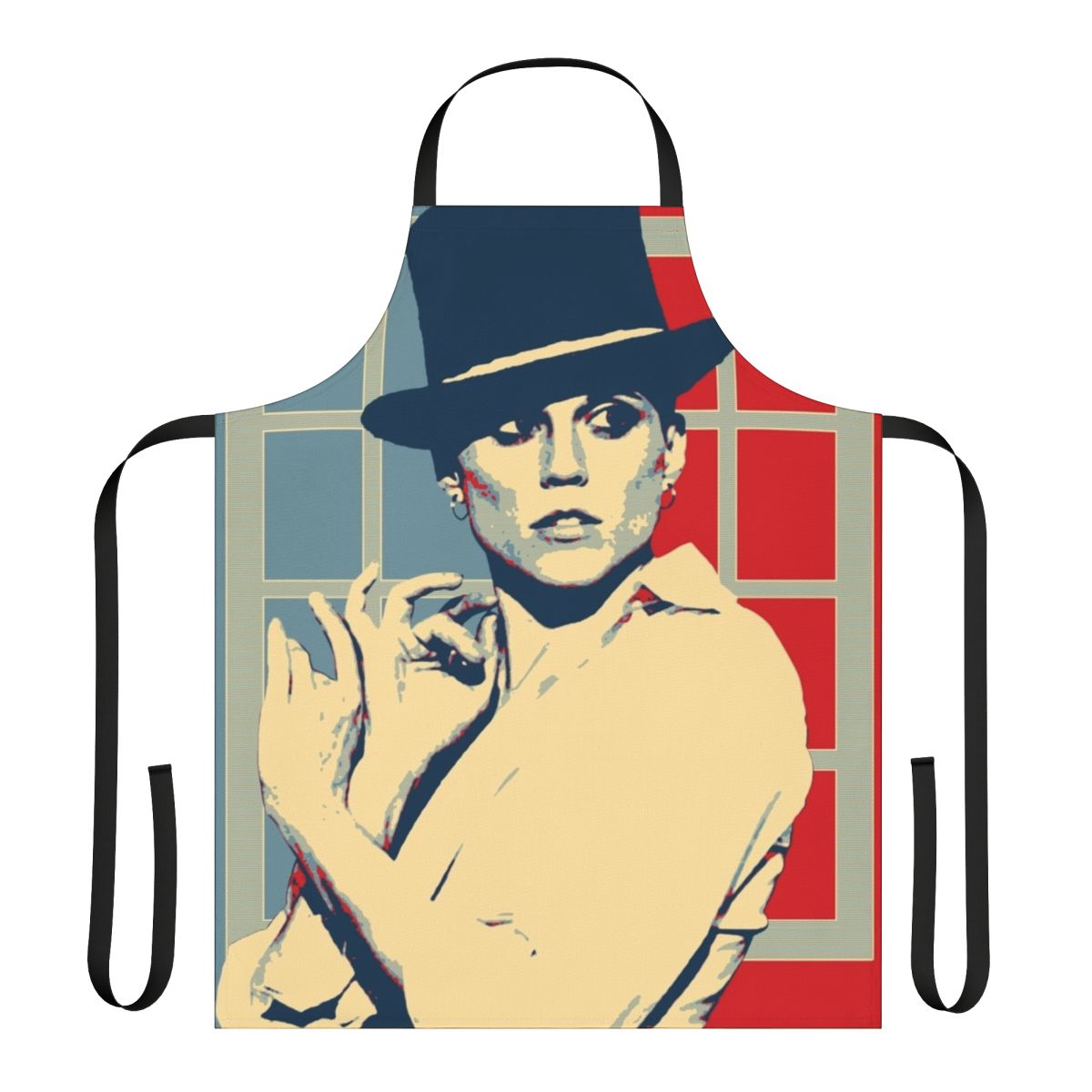 Colorful pop art style apron with jazz and music motifs