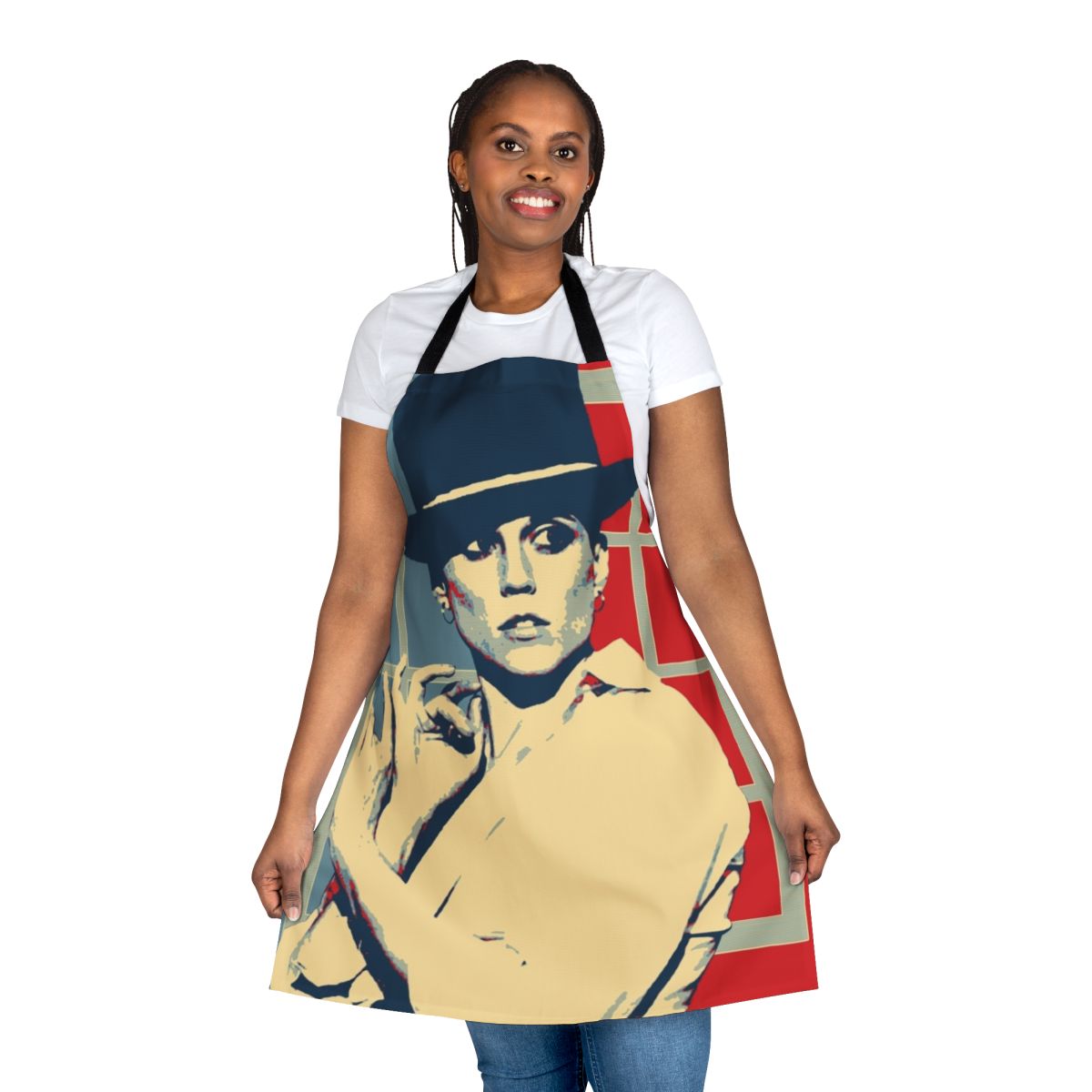 Colorful pop art style apron with jazz and music motifs