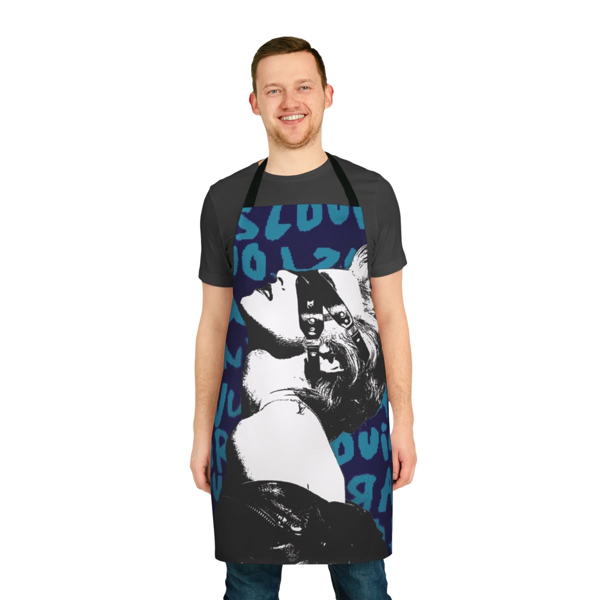 Colorful pop art style apron with portrait imagery and remix text