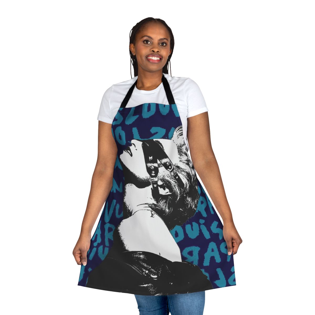 Colorful pop art style apron with portrait imagery and remix text