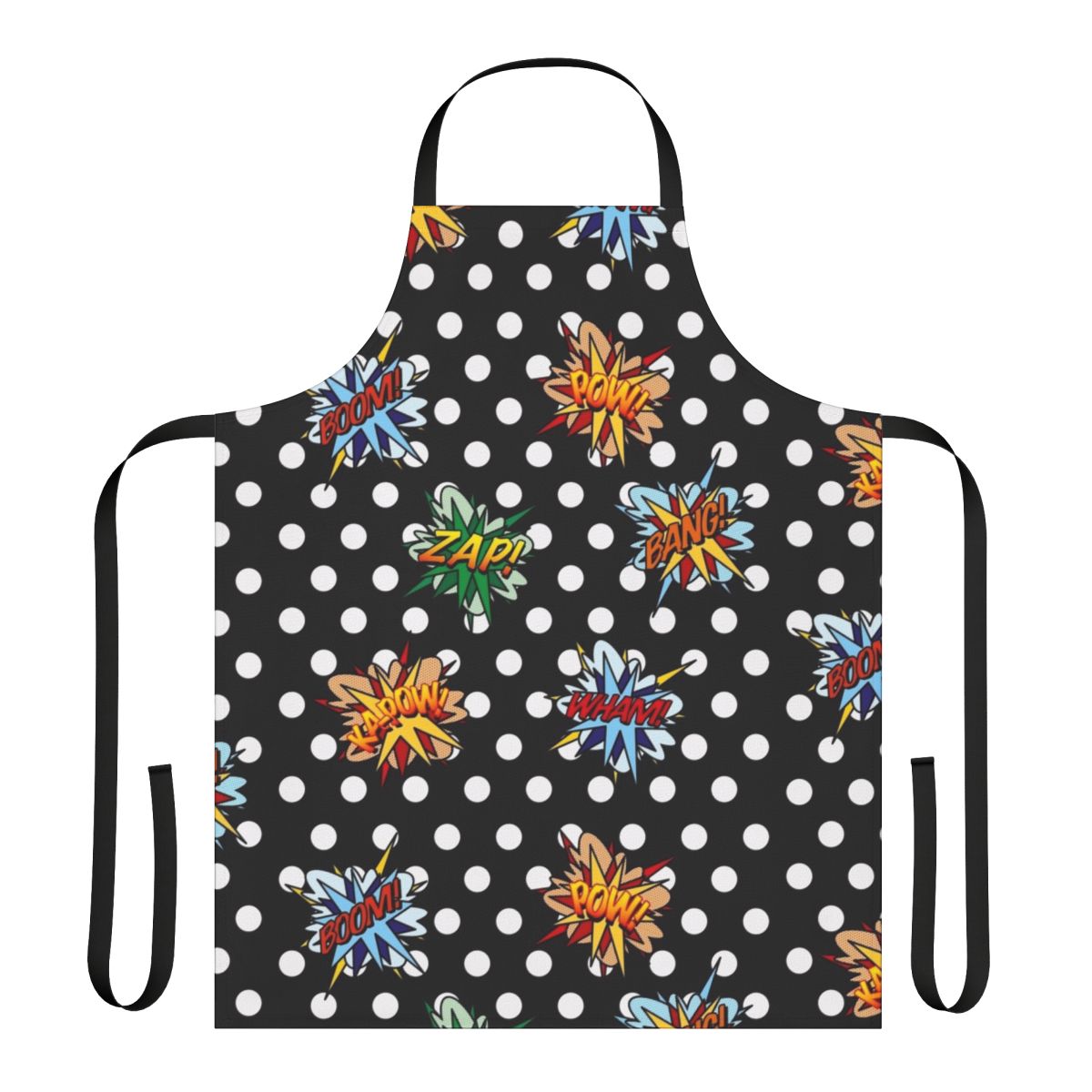 Colorful comic book-style pop art design featuring superheroes on a modern apron