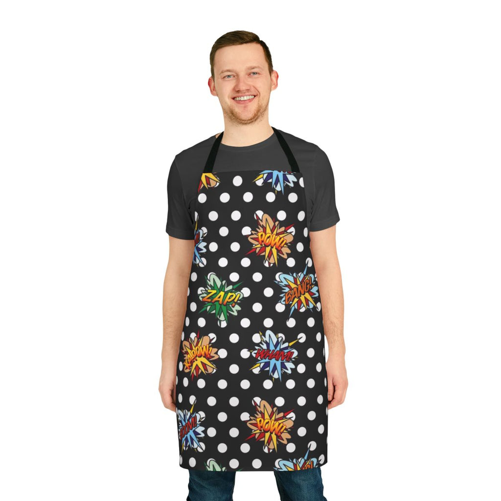 Colorful comic book-style pop art design featuring superheroes on a modern apron
