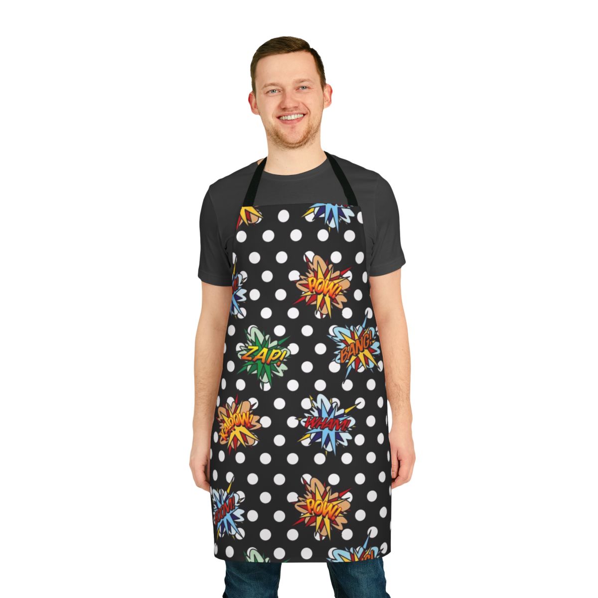 Colorful comic book-style pop art design featuring superheroes on a modern apron