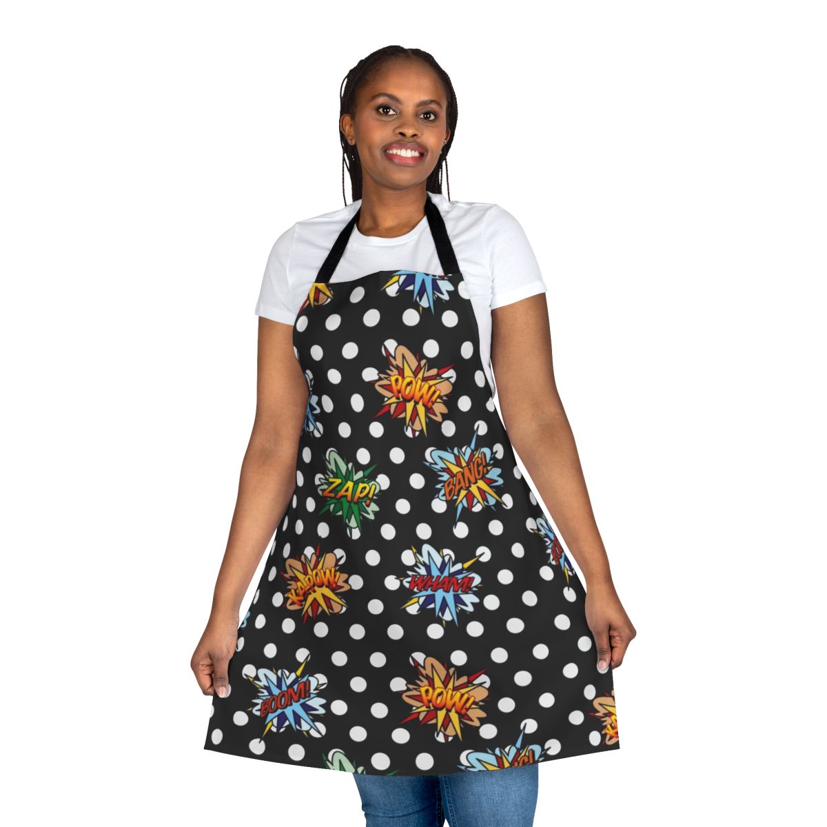 Colorful comic book-style pop art design featuring superheroes on a modern apron