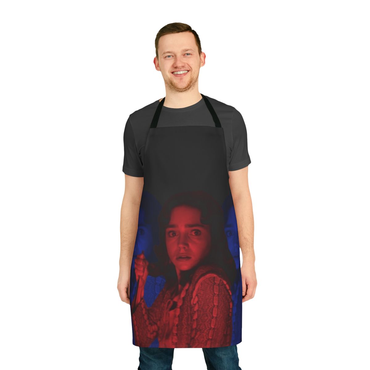 Colorful pop art-style apron featuring imagery from the classic Italian horror film Suspiria