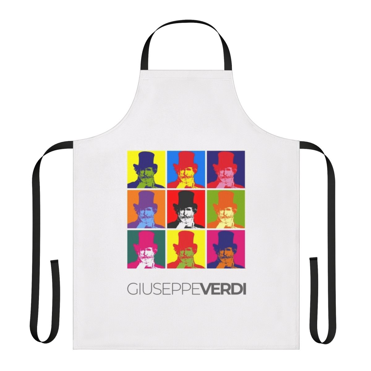 Colorful pop art style portrait of composer Giuseppe Verdi printed on a high-quality kitchen apron