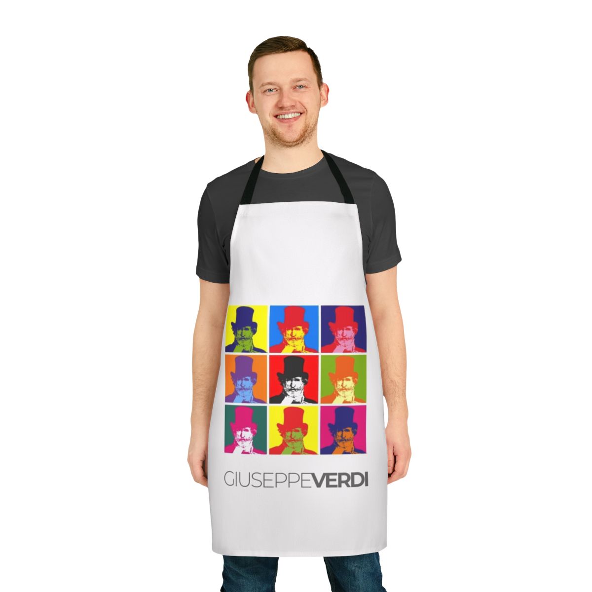 Colorful pop art style portrait of composer Giuseppe Verdi printed on a high-quality kitchen apron